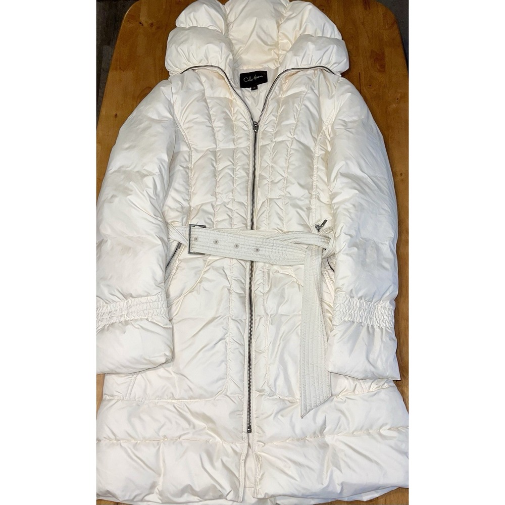 Cole Haan Womens Cream White Belted Down Puffer Coat Hooded XS